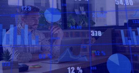Image of financial data processing over caucasian businessman using laptop in office. Global...