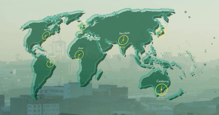 Image of data processing and world map over cityscape. Technology and digital interface concept...