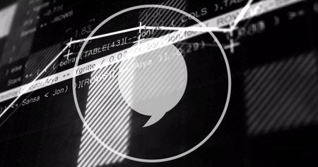 Speech bubble icon image over financial data and graphs. Finance, analytics, communication,...