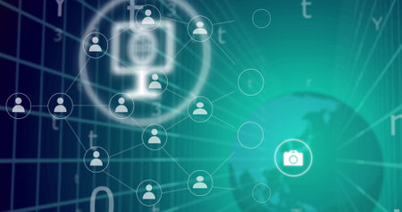 Network of connected user icons and camera symbol image over digital background. Technology,...