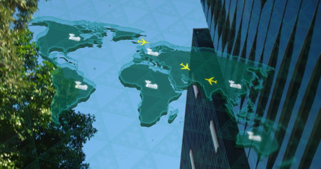 Image of world map with plane icons and digital data processing over office building. Global business travel, finance, connections, computing and data processing concept digitally generated image.の写真素材