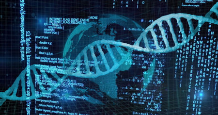 DNA strand and binary coding, scientific data processing image. Biotechnology, genetics, DNA...