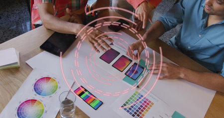 Designing color palettes over image of circular digital interface. creativity, technology, modern, futuristic, abstract, vibrantの写真素材