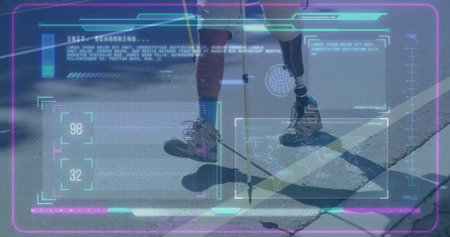 Prosthetic leg technology image over person walking with crutches on pavement. Prosthetics, mobility, healthcare, rehabilitation, innovation, medicalの写真素材