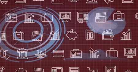 Financial and security icons image over red grid background. Finance, technology, digital, banking, cyber, networkの写真素材