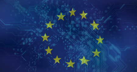 Image of, European Union flag over digital circuit board, representing technology and connectivity....