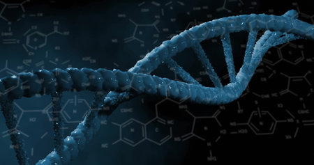 Image of chemical formula and dna strand on black background. Science, technology and digital interface concept digitally generated image.の写真素材