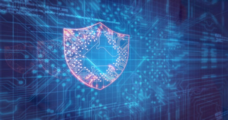 Image of data processing over shield icons. Technology, business and digital interface concept...