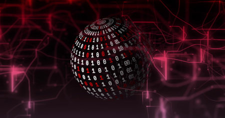 Binary code sphere rotating over red digital network image. Technology, cyberspace, internet, data,...