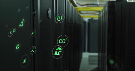 Image of ecology icons over server room. Technology, business and digital interface concept...