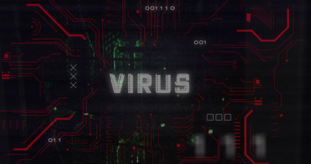 Image of virus text over data processing and server room. Technology and digital interface concept digitally generated image.の写真素材