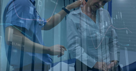 Image of financial data processing over diverse male doctor and senior female patient. Global...