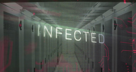 Image of infected text over data processing and server room. Technology and digital interface concept digitally generated image.の写真素材