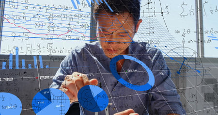 Image of mathematical equations and financial data processing over asian male architect. Global...