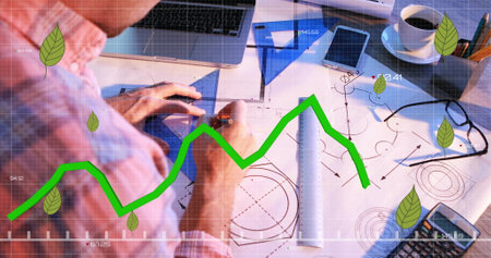 Image of leaves and financial data processing over biracial male architect. Global business,...