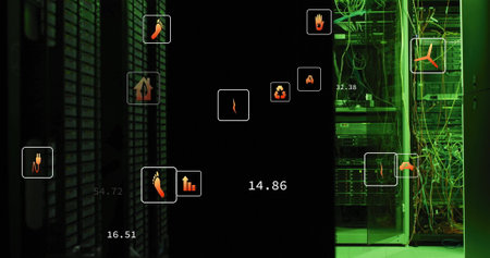 Image of eco icons and digital data processing over computer servers. Global connections, computing...