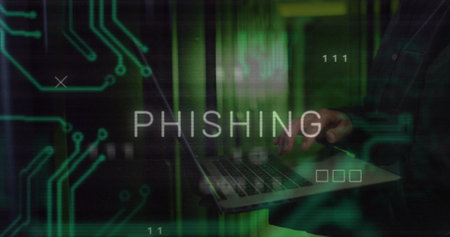 Image of phishing text over data processing and caucasian male worker in server room. Technology and digital interface concept digitally generated image.の写真素材