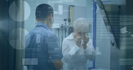 Image of financial data processing over diverse male doctor and senior female patient. Global...