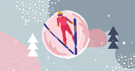 Image of snow falling over ski jumper and christmas winter scenery. Christmas, festivity, celebration and tradition concept digitally generated image.の写真素材