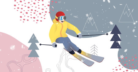 Image of snow falling over skier and christmas winter scenery. Christmas, festivity, celebration and tradition concept digitally generated image.の写真素材