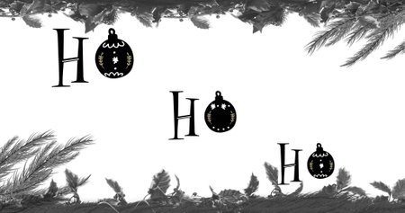 Festive decorations frame the words Ho on a white background, with copy space. The design suggests a holiday theme, ideal for Christmas greetings or marketing materials.の写真素材