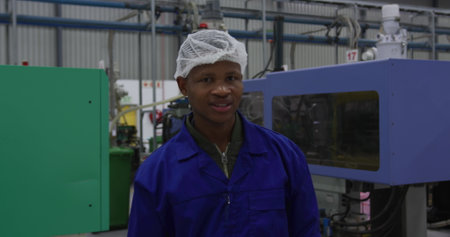 Portrait of focused African American male worker standing, looking to camera in a busy factory warehouse, wearing a hair net and smilingの写真素材