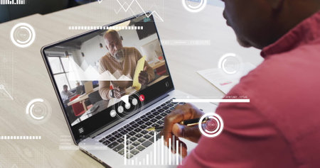 Image of financial data processing over diverse business people on laptop image call. Global finance, business, connections, computing and data processing concept digitally generated image.の写真素材