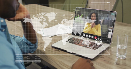 Image of financial data processing over diverse business people on laptop image call. Global...