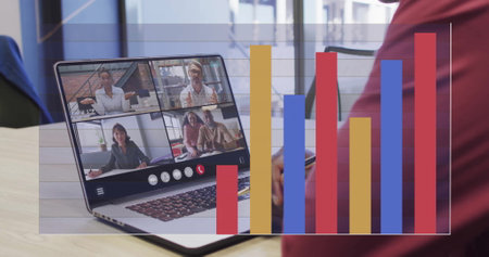 Image of financial data processing over diverse business people on laptop image call. Global...