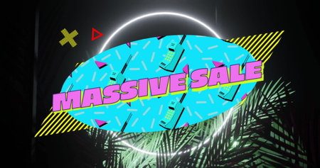 Image of massive sale text over colourful shapes and leaves on black background. Communication, shapes, light, backgrounds and digital interface concept digitally generated image.の写真素材