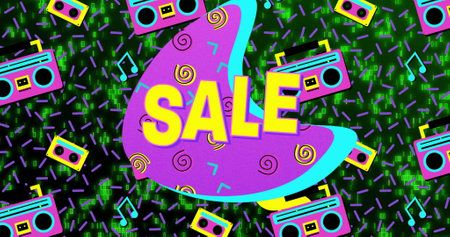 Image of sale text over colourful shapes and radios over data processing on black background. Communication, shapes, light, backgrounds and digital interface concept digitally generated image.の写真素材