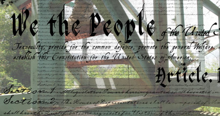 Constitution text image over soldier walking on metal structure. Patriotism, military, historical,...