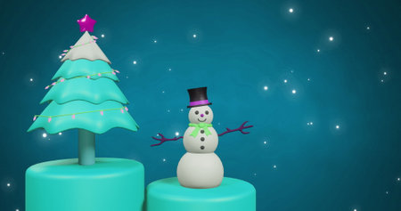 Image of christmas tree and snowman over snow falling on blue background. Christmas, tradition and celebration concept digitally generated image.の写真素材