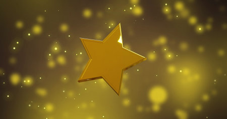 Image of gold star over snow falling on yellow background. Christmas, tradition and celebration...