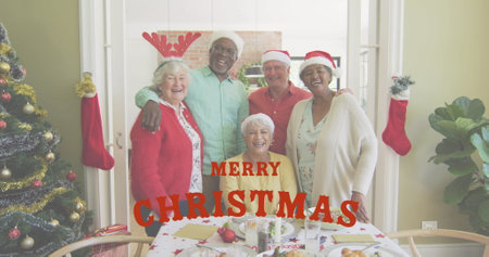 Image of merry christmas text over senior diverse friends smiling. Christmas, celebration and...