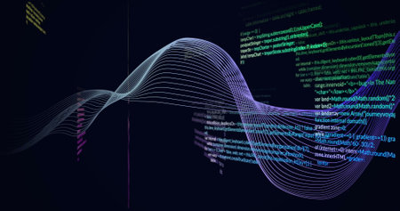 Flowing wave image over colorful programming code lines on dark background. Technology, innovation, digital, software, futuristic, designの写真素材