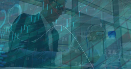 Image of financial data processing over diverse colleagues working in office. Global business,...