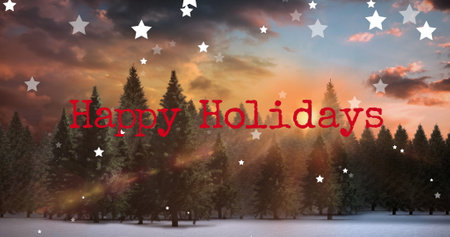 Image of happy holidays text over stars falling at christmas. Christmas and digital interface concept digitally generated image.の写真素材
