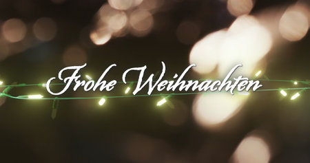 Image of frohe weihnachten text and fairy lights background. Christmas, tradition and celebration concept digitally generated image.の写真素材
