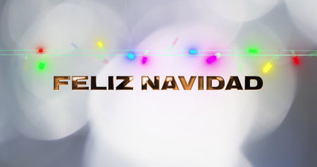 Image of feliz navidad text and fairy lights on black background and white lights. Christmas, tradition and celebration concept digitally generated image.の写真素材