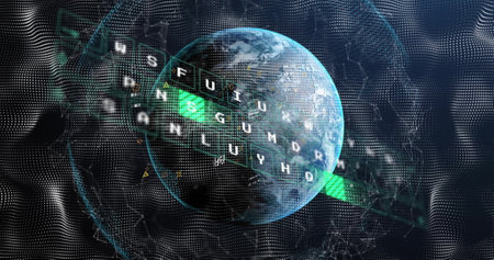 Image of text over globe and financial data processing. Global finance, business, connections, cloud computing and data processing concept digitally generated image.の写真素材