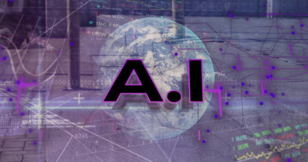 Image of ai text, globe with binary coding and data processing over city. Global finance, business,...