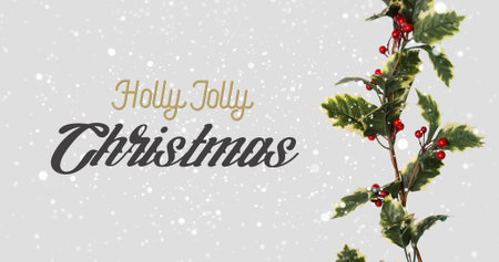Image of holly jolly christmas text and snow falling over winter scenery. Christmas, festivity, celebration and tradition concept digitally generated image.の写真素材