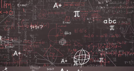 Image of mathematical equations on black background. Global education and digitalinterface concept...