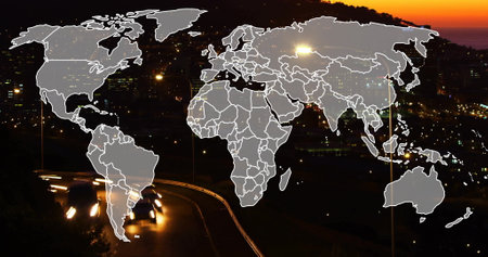 World map image over cityscape with cars on winding road at night. transportation, global, urban,...