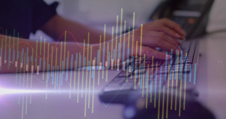 Image of financial data processing over caucasian woman using computer. Global finance, business,...