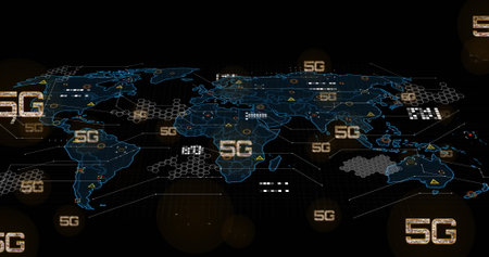 Image of 5g text, digital data processing and world map over black background. Global connections,...