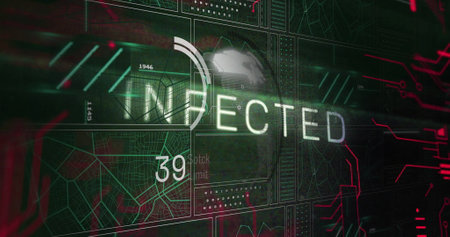 Image of infected text over globe and processing data on black interface screen. Network, data,...