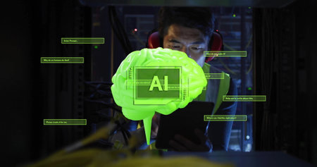 Image of ai text, scanner, brain and dialogue over asian male technician in dark server room. Connection, data, processing, ai, digital interface and communication, digitally generated image.の写真素材