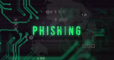 Image of phishing text over motherboard, globe and processing data on black. Network, data, security, digital interface, connection and communication, digitally generated image.の写真素材